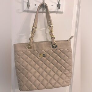 ST John Tan Quilted Leather Tote with Gold Hardware